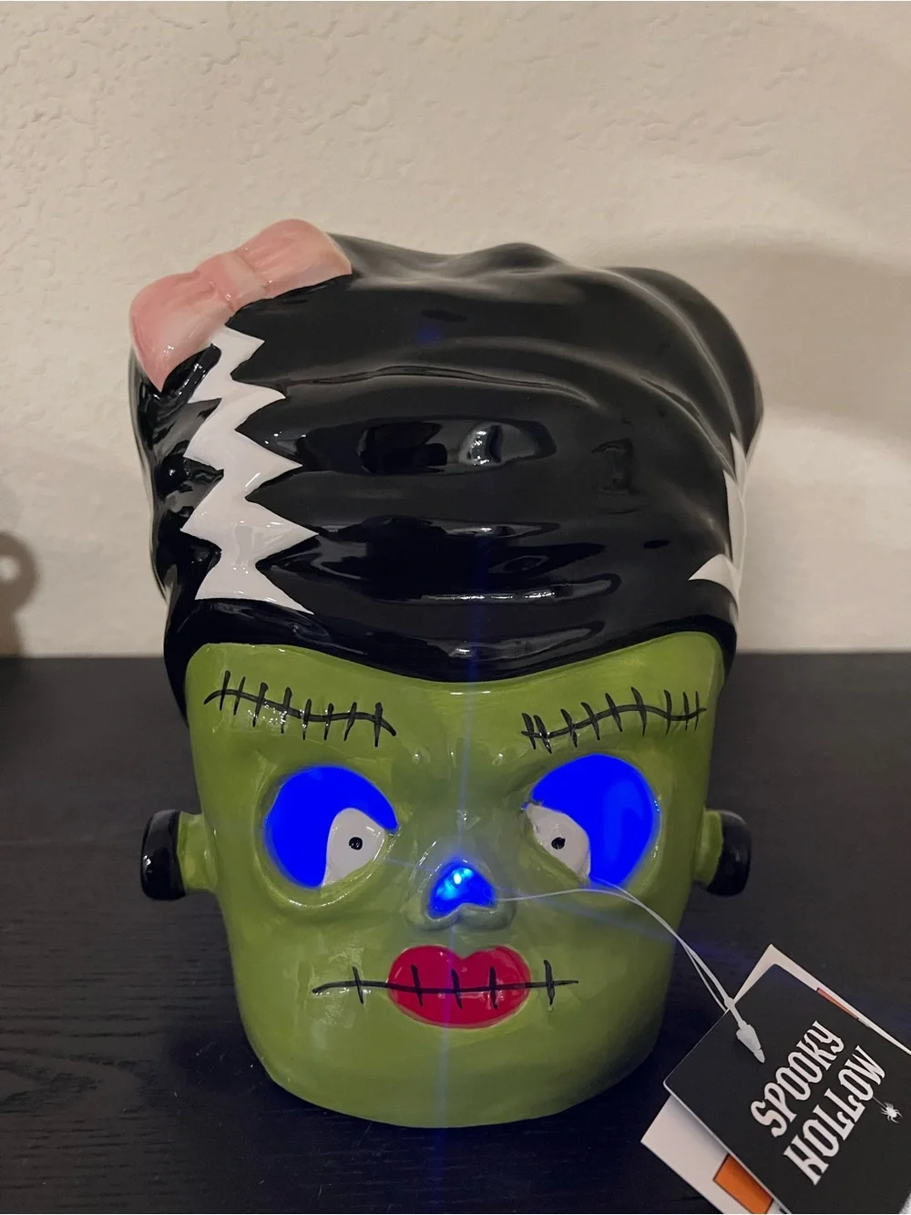 NEW 8” Spooky Hollow Ceramic Light Up Bride of Frankenstein Head Decor